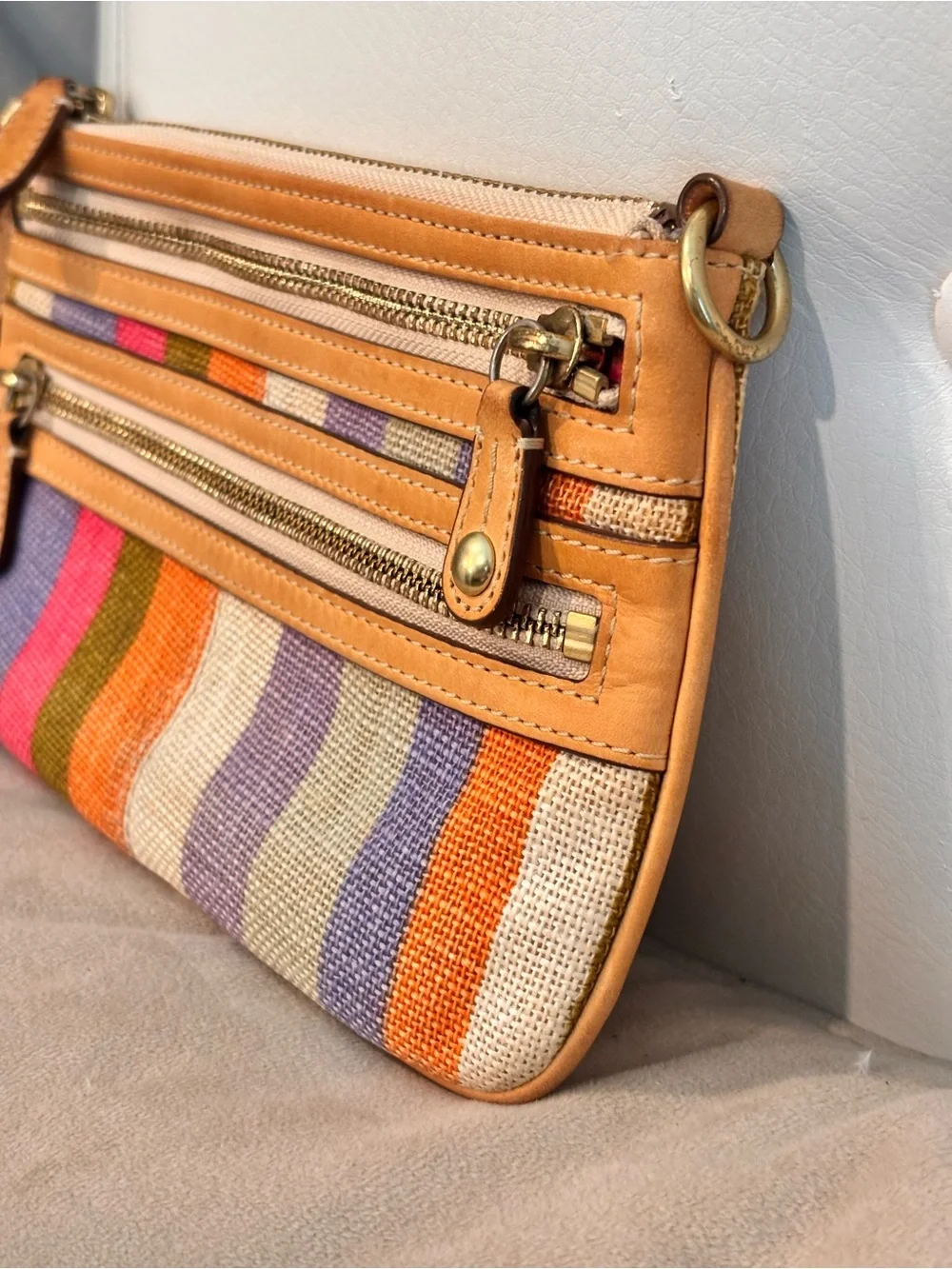 Coach Multicolor Striped Canvas & Leather Wristlet - Orange, Purple, Pink, Brown